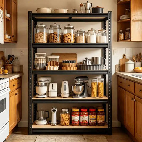 Kickass Heavy Duty 5 Tier Metal Storage Shelving Unit With Reinforced Adjustable Steel Racks For Garage Pantry Warehouse Industrial Tool Organization Setup filled with jars and kitchen appliances.