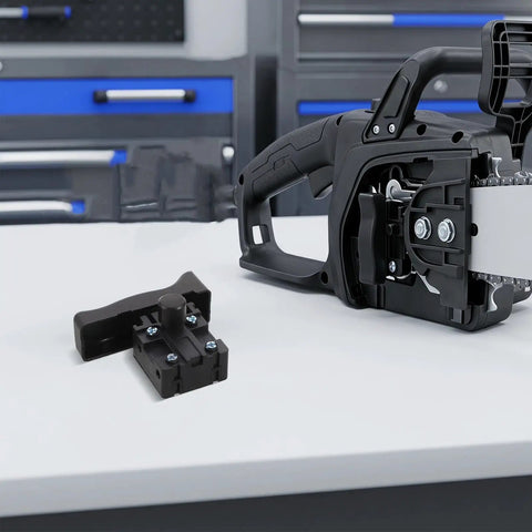 Rugged Reciprocating Saw Switch Replacement For Electric Chainsaw And Handheld Power Tools Featuring Rock Solid Locking Trigger next to chainsaw.