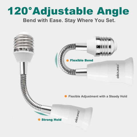 Flexible E26 Socket Extender 6.1 Inch All Directional Adjustable Adapter showing 120-degree bend