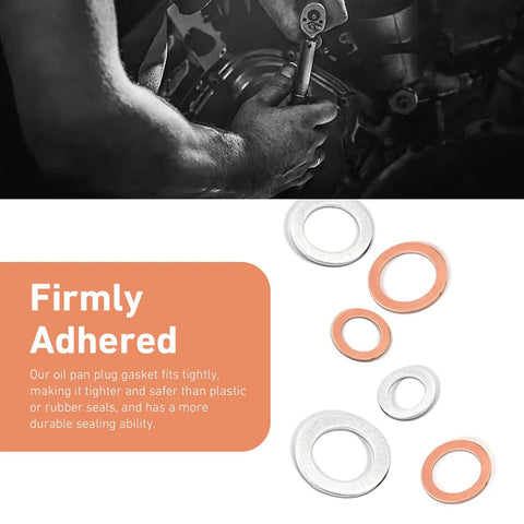 100 Piece Car Oil Drain Plug Crush Washer Set With copper and aluminum gaskets on display and mechanic using a wrench on engine