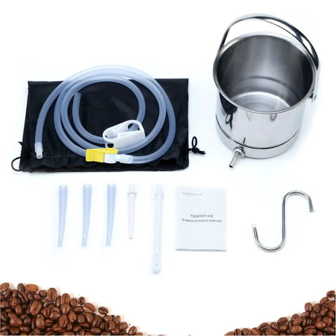 304 Grade Stainless Steel Enema Bucket Kit For Home Colon Cleansing 1.5 L Capacity With Silicone Tube Four Nozzles Dust Bag And Manual Coffee Enema Kit Easy To Use. Stainless steel bucket with tube, nozzles, bag, manual and coffee beans