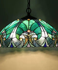 Tiffany Style Stained Glass Pendant Light With 16 Inch Wide Shade, showing intricate green and blue stained glass design.