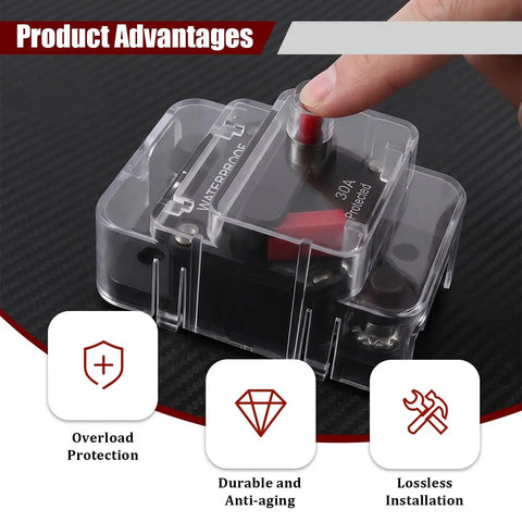 High Octane 30 Amp Manual Reset Circuit Breaker Rated For 12V To 48V DC Circuits With Complete Waterproof Shielding and Easy View Snap Cover, showing waterproof casing.