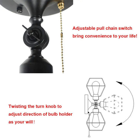 Close-up of Dope Black Metal Wire Cage Ceiling Light With Pull Chain, showing adjustable direction bulb holder and diagram.