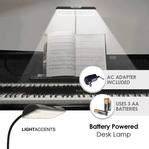 Cordless Desk Lamp With Adjustable Gooseneck, Super Bright Battery Powered LED Light, shown illuminating piano sheet music.