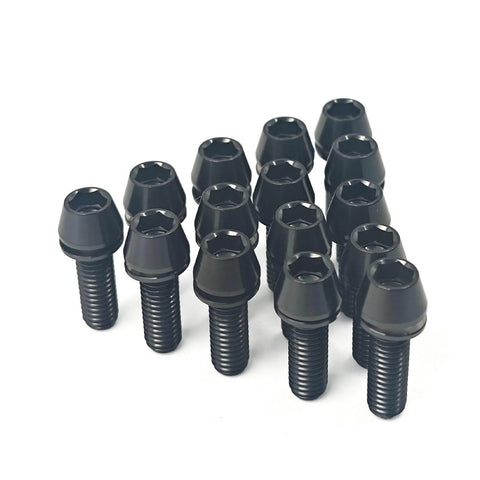 Six Piece Titanium Stem Bolt Kit For Bicycle With Allen Hex M5x16mm Tapered Head Screws And Washers, side view