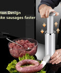 Manual operation view of 2 In 1 Vertical Sausage Stuffer And Meatball Maker Kit For Home Use Manual Sausage Making Machine With Dual Tubes And Food Grade ABS Body Perfect For Commercial And Household Kitchen Prep
