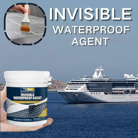 Tough As Nails Invisible Waterproof Sealant in hand, clear sealant for outdoor use, visible stains removed, perfect for DIY repairs.