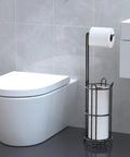 Freestanding Toilet Paper Holder Stand And Dispenser For Bathroom Storage Holds Four Rolls Metal Wire Black Finish next to toilet