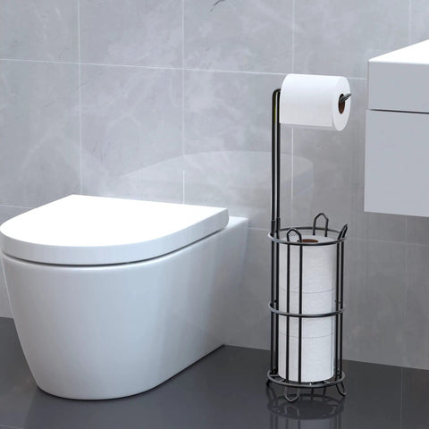 Freestanding Toilet Paper Holder Stand And Dispenser For Bathroom Storage Holds Four Rolls Metal Wire Black Finish next to toilet