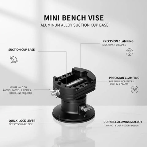 Super Handy Mini Bench Vise With Massive Suction Power Base For Jewelry, Small Crafts And Precision Clamping Tasks On Any Smooth Surface Without Drilling, showing aluminum alloy construction.