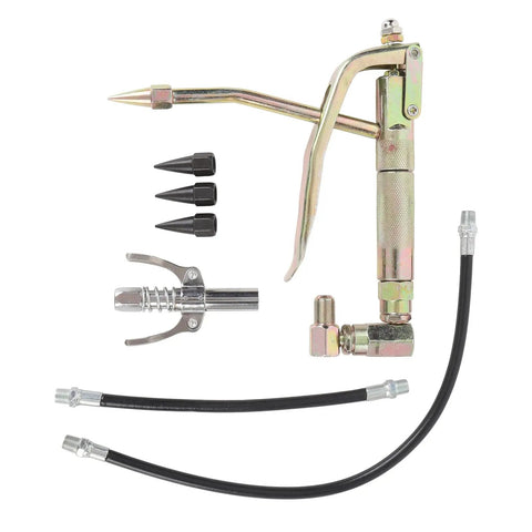 7 Piece Grease Tool Nozzle Kit with Heavy Duty Metal Couplers and 230mm and 400mm Hoses for Air Compressors, shown disassembled