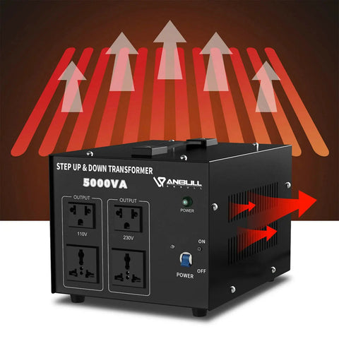 Beast 5000 Watt Voltage Converter Transformer for Home and Travel, heavy duty step up and step down, black unit with arrows