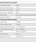 Specifications for Heavy Duty Wall Scanner with Instant Depth Reading, detailing detection metrics and dimensions.