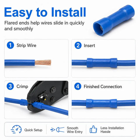 Get This Awesome 100pcs Butt Splice Connector Kit For Your Car Or Home With Durable Red Blue Yellow Wire Connectors That Rock Secure Contacts And Perfectly Fit 22 To 10 AWG Wires Without Any Mess Or Hassle For Quick Crimping Jobs. Blue insulated butt splice connector shown with strip, insert, crimp steps