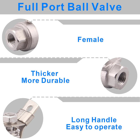 Two-pack stainless steel 304 ball valves with full-port design and 1/4 in NPT female threaded ends