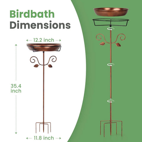 35.4 Inch Tall Vintage Metal Bird Bath With 12 Inch Diameter Bowl And 2.2 Inch Deep Removable For Easy Cleaning Freestanding Garden Yard Decor With Scrollwork And Leaf Accents Go To Backyard Centerpiece For Bird Watching shown with dimensions