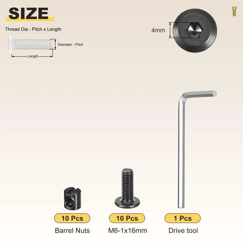 Premium Rock Solid Furniture Crib Screws Replacement Set with heavy duty barrel nuts, M6 screws, and drive tool, 4mm size.