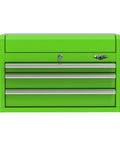 Front view of a lime green 26 Inch Top Tool Chest With 3 Drawers And Lockable Lid, 18 Gauge Steel, Heavy Duty Garage Storage Chest For Tools