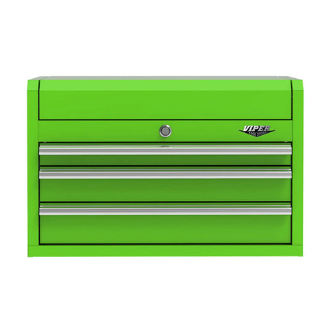 Front view of a lime green 26 Inch Top Tool Chest With 3 Drawers And Lockable Lid, 18 Gauge Steel, Heavy Duty Garage Storage Chest For Tools