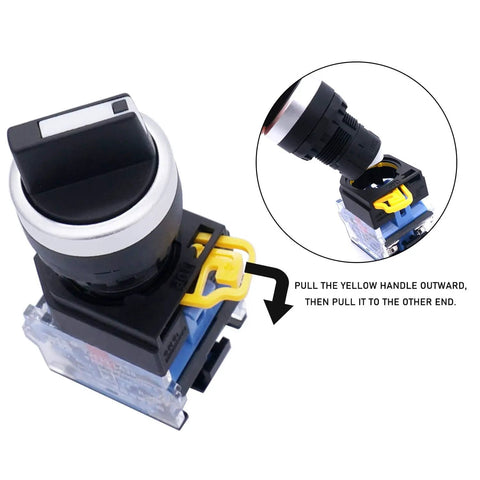 Twenty Two Millimeter Latching Rotary Selector Switch LA38-11X Two Pole DPST with instructional diagram and yellow handle