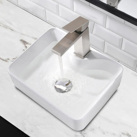 White Rectangle Ceramic Vessel Sink With Faucet And Pop Up Drain Vanity Bathroom Basin Combo Set In Modern Style