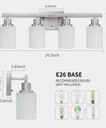 Dimensions and bulb recommendations for 4-Light Nickel Modern Bathroom Vanity Light Fixture With Milky White Glass Shades, E26 Socket