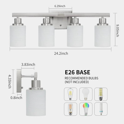 Dimensions and bulb recommendations for 4-Light Nickel Modern Bathroom Vanity Light Fixture With Milky White Glass Shades, E26 Socket
