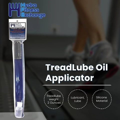 Treadmill Belt Lubricant Kit With Silicone Lube And 16 Inch Applicator packaging next to running shoes on treadmill