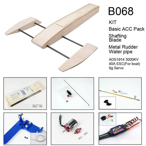 Classic 495mm Outrigger Wooden Shrimp Boat Kit For RC Boats DIY Brushless Hull For Pools And Lakes with assembly components.