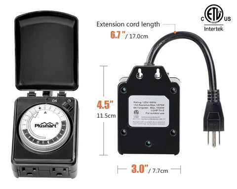 Outdoor Light Timer With Dual Outlets Waterproof 24 Hour Programmable Mechanical Timer Plug In 6 Inch Extension Cord Half HP ETL Listed Daily Repeat 15 Minute Intervals For Holiday Lights And Patio Decor