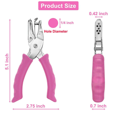 Product size of One Quarter Inch Hole Punch For Crafts With Pink Soft Grip Handle, showing dimensions and hole diameter.