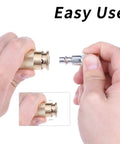 Hands connecting brass quick connect fitting for 19 Piece Air Compressor Accessories Kit with 25 Ft Hybrid Hose Three Eighths Inch and One Quarter Inch NPT Quick Connect Fittings Includes Air Blow Gun Tire Gauge Wire Brush and Cleaning Tools Must Have For Your Home Shop