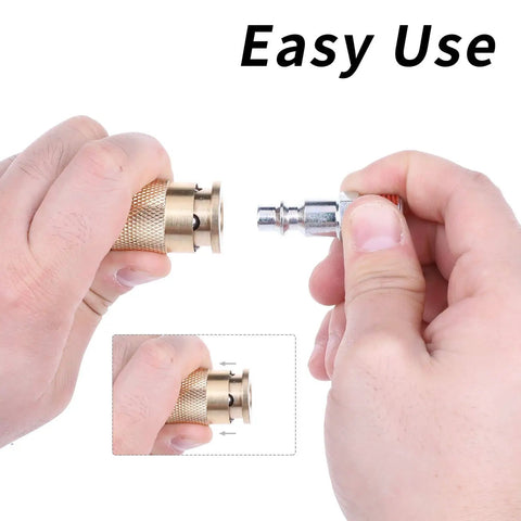 Hands connecting brass quick connect fitting for 19 Piece Air Compressor Accessories Kit with 25 Ft Hybrid Hose Three Eighths Inch and One Quarter Inch NPT Quick Connect Fittings Includes Air Blow Gun Tire Gauge Wire Brush and Cleaning Tools Must Have For Your Home Shop
