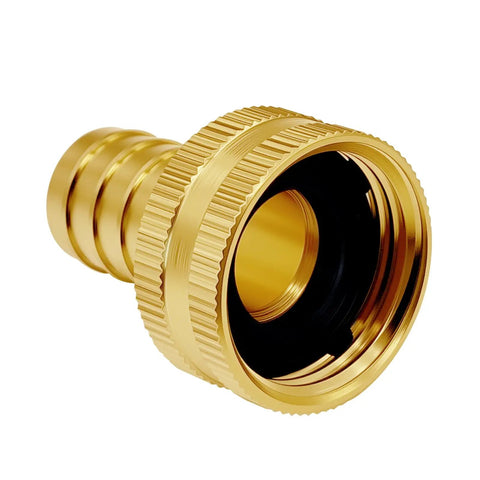 Premium 2-Pack Solid Brass Garden Hose Connector with 3/4 Inch Barb To Female GHT Thread For Tough Outside Sprinklers And Faucet Hookups, brass hose fitting close-up