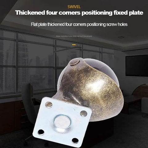 Heavy Duty Vintage Ball Caster Wheels With Antique Brass Finish Butter Smooth Rolling And Secure Snap Lock Brakes Easy Install For Chairs Sofas Tables And Shelving Units Total Room Upgrade 4 Pack, close-up of swivel caster with thickened plate.