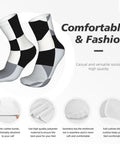 Unisex Black And White Piano Grid Thermal Crew Socks For Cold Snap Days and Breathable Moisture Wicking Winter Footwear shown at an angle.