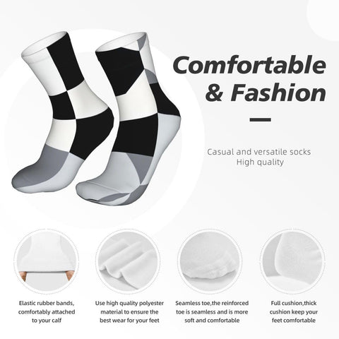 Unisex Black And White Piano Grid Thermal Crew Socks For Cold Snap Days and Breathable Moisture Wicking Winter Footwear shown at an angle.