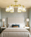 Modern Ceiling Pendant Light Featuring Transparent Crystal And Polished Gold Cylinder Frame For Living Room Bedroom Hotel Lobby energy saving fixtures above a stylish bed.
