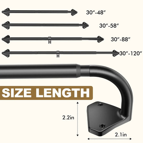 Wrap Around Blackout Curtain Rods For Windows 30 To 60 Inches, Adjustable diagram with rod sizes and brackets, black finish