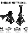 Two black 3-ton steel jack stands with double-lock pins; pair shown from front and side.