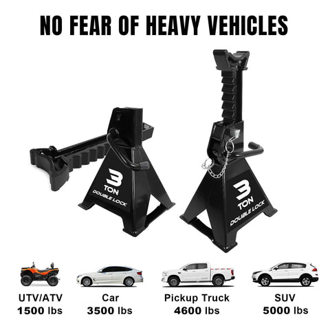 Two black 3-ton steel jack stands with double-lock pins; pair shown from front and side.