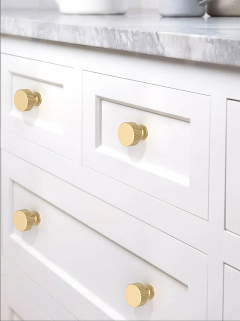 Brushed Gold Kitchen Cabinet Knobs 10 Pack Cabinet Pulls Drawer Knobs Zinc Hardware For Dresser Drawers Easy Install shown on white cabinetry