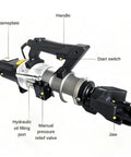 Portable Hydraulic Rebar Cutter And Bending Machine For Construction Sites showing components like handle, jaw, and start switch.