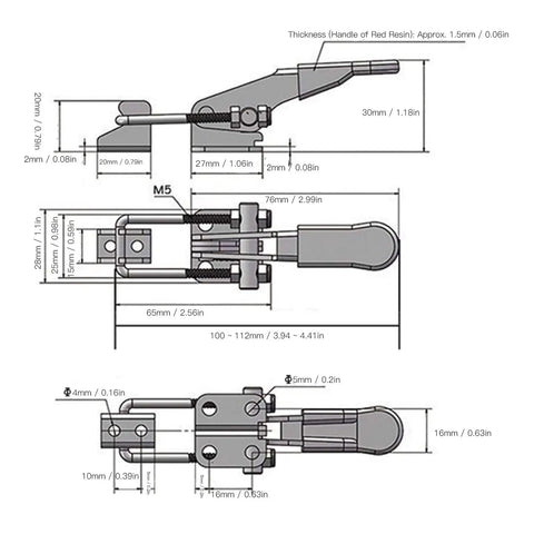 Technical drawing of Set Of 2 Adjustable Stainless Steel Toggle Clamp Pull Latches with dimensions and components labeled.