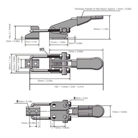 Technical diagram of Heavy Duty Adjustable Stainless Steel Toggle Clamp Set, 400 Lbs Capacity, Quick Release Pull Latches dimensions