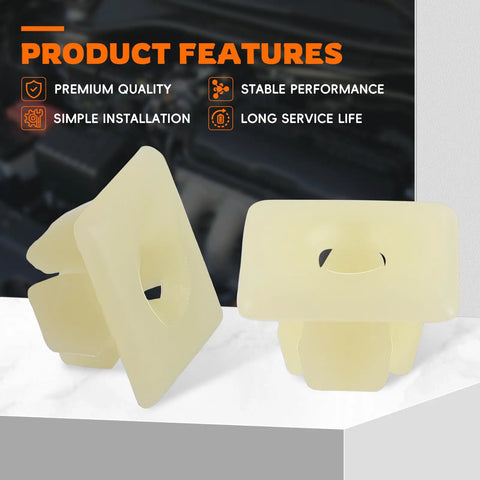 Close-up of beige nylon inserts from 50 Piece Nylon Screw Inserts And License Plate Fasteners Kit with product features.