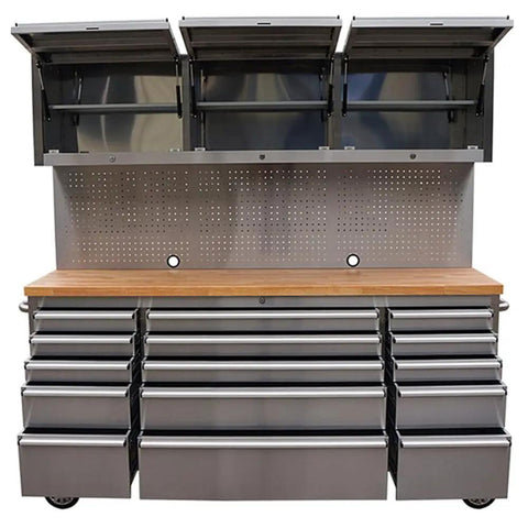Heavy Duty 72 Inch Rolling Tool Chest With 15 Deep Drawers And Three Top Cabinets, stainless steel with pegboard and wooden top.