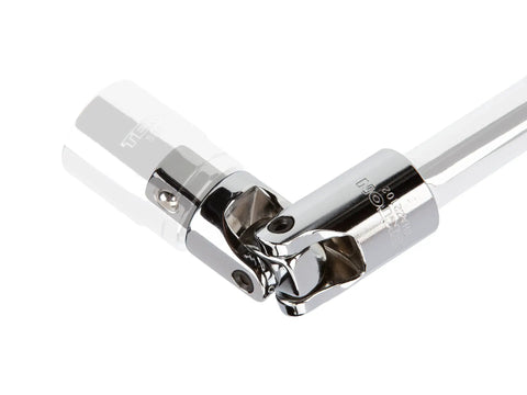 Close-up of Half Inch Drive Socket Set universal joint for auto repair and home DIY, showing steel construction and pivot mechanism.