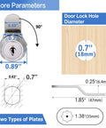 Diagram showing dimensions of Keyed Alike Cam Locks For Cabinets And Drawers, Five Eighth Inch Cylinder Fits Panels Up To 0.4 Inches Thick